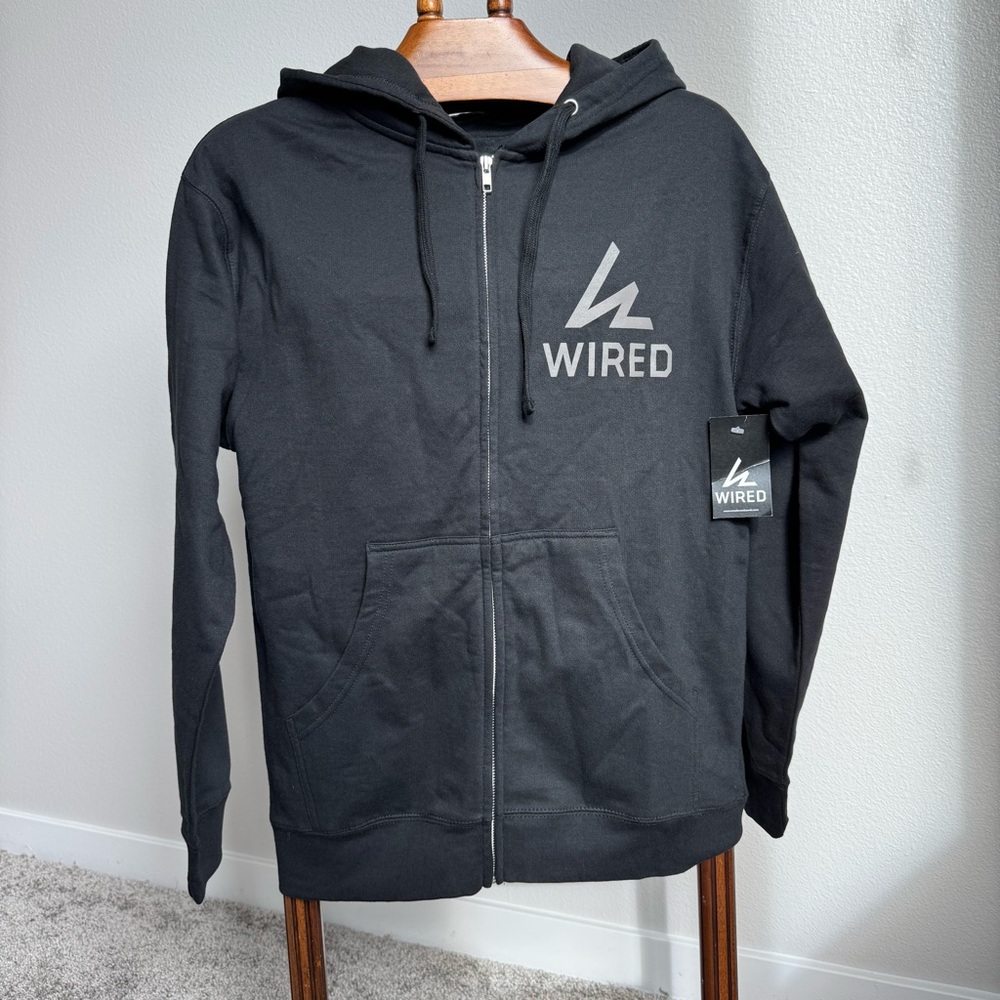 NWT WIRED Logo Zip Up Hoodie Men’s M Black Cotton Blend Fleece Graphic